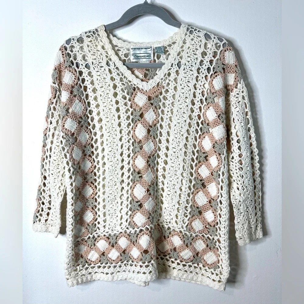 Shenanigans Crochet Top Sweater 3/4 Sleeves Boho Ramie Cotton SZ M EUC